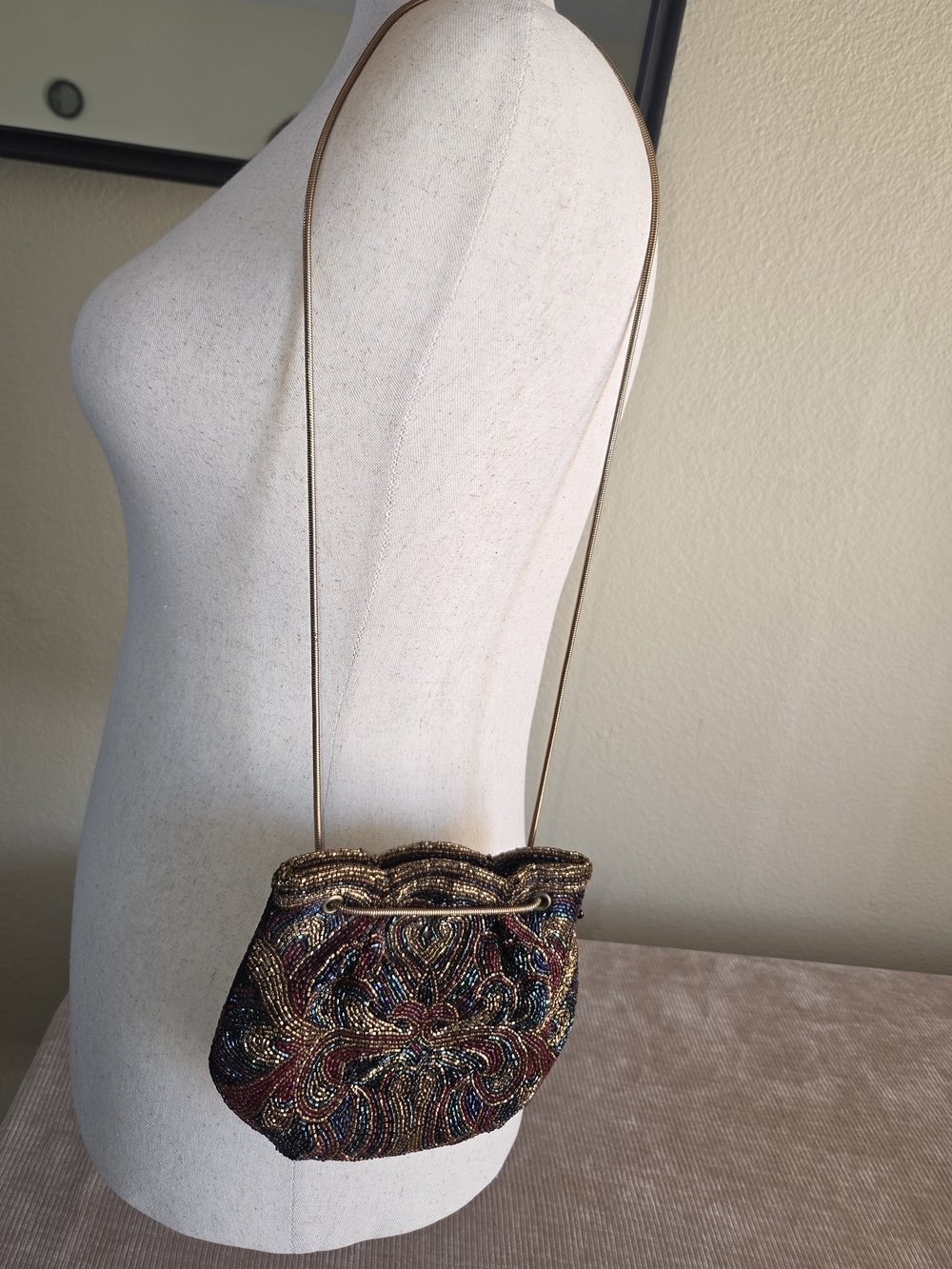 Walborg Vintage Multicolor Beaded Mini Crossbody with Gold Strap